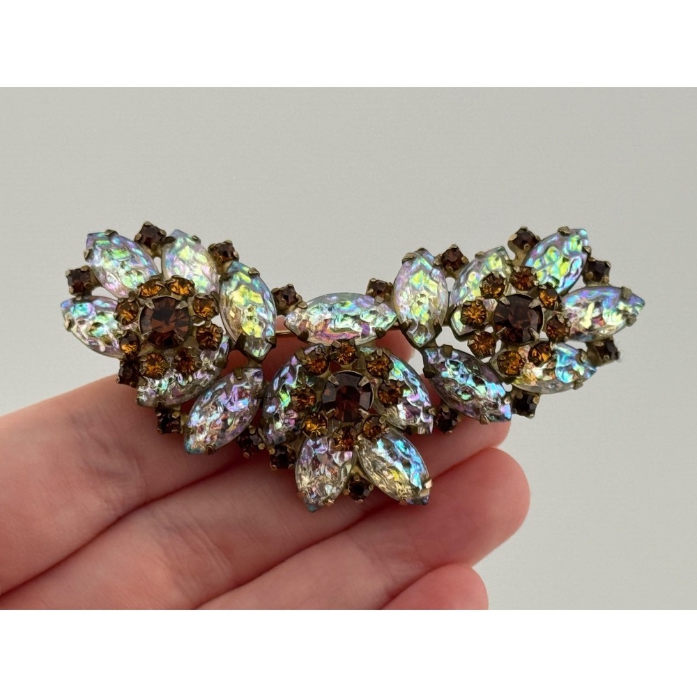 Vintage‎ AB Lava Molded Rhinestone Flower Design Brooch Pin